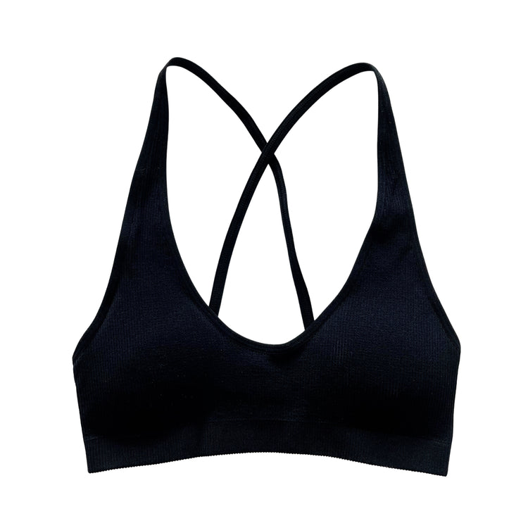 Black Seamless Ribbed Cross Back Bralette