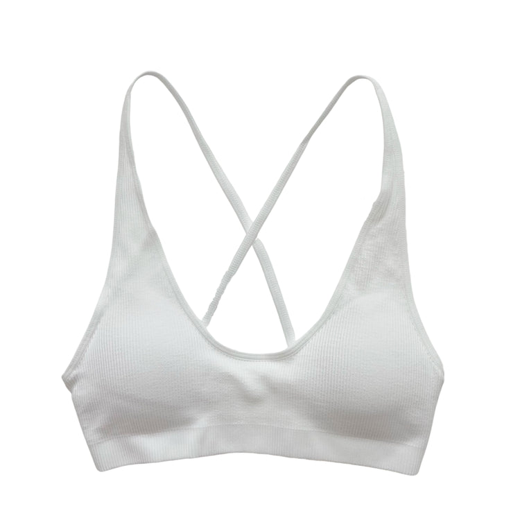 White Seamless Ribbed Cross Back Bralette
