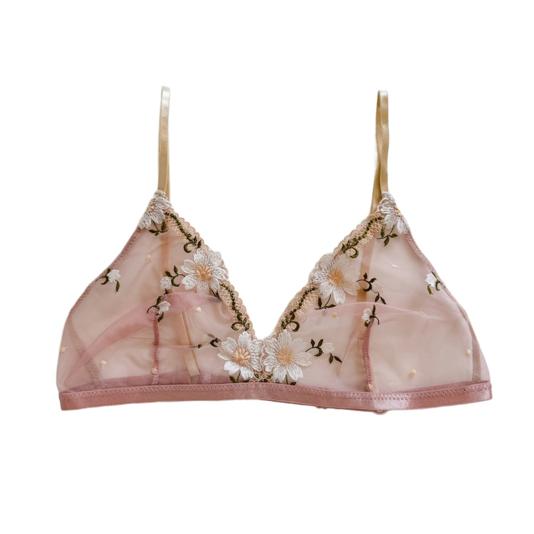 Pink Floral Embroidered Mesh Bralette