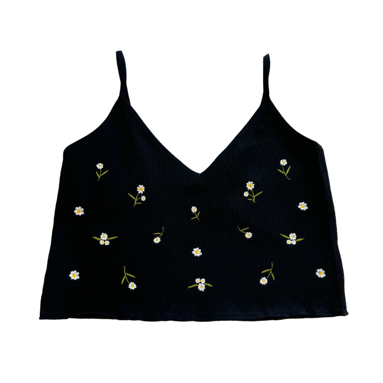 Black Daisy Embroidered Ribbed Brami Tank Top
