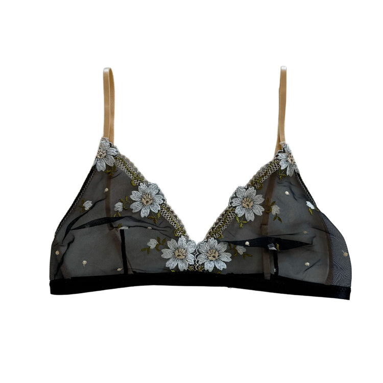 Black Floral Embroidered Mesh Bralette