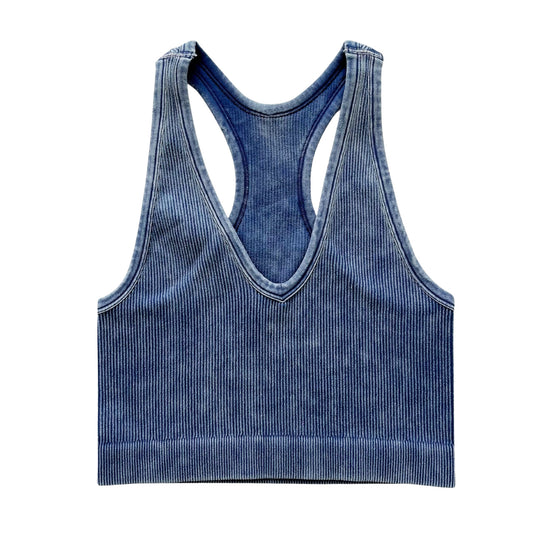 Washed Navy Blue Ribbed Racerback Tank Top