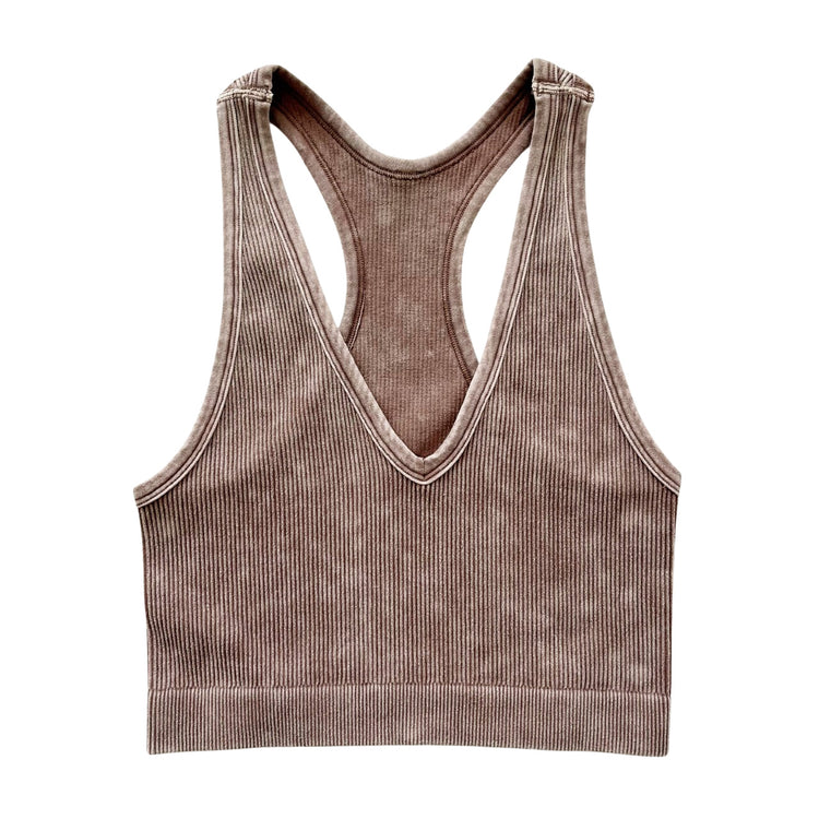 Washed Mocha Ribbed Racerback Tank Top