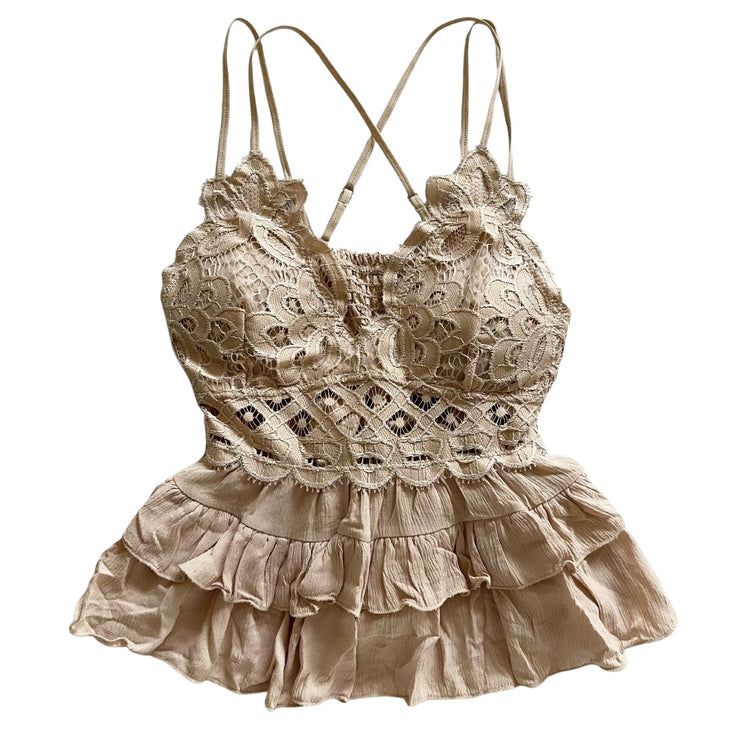 Taupe Lace Ruffled Tank Top