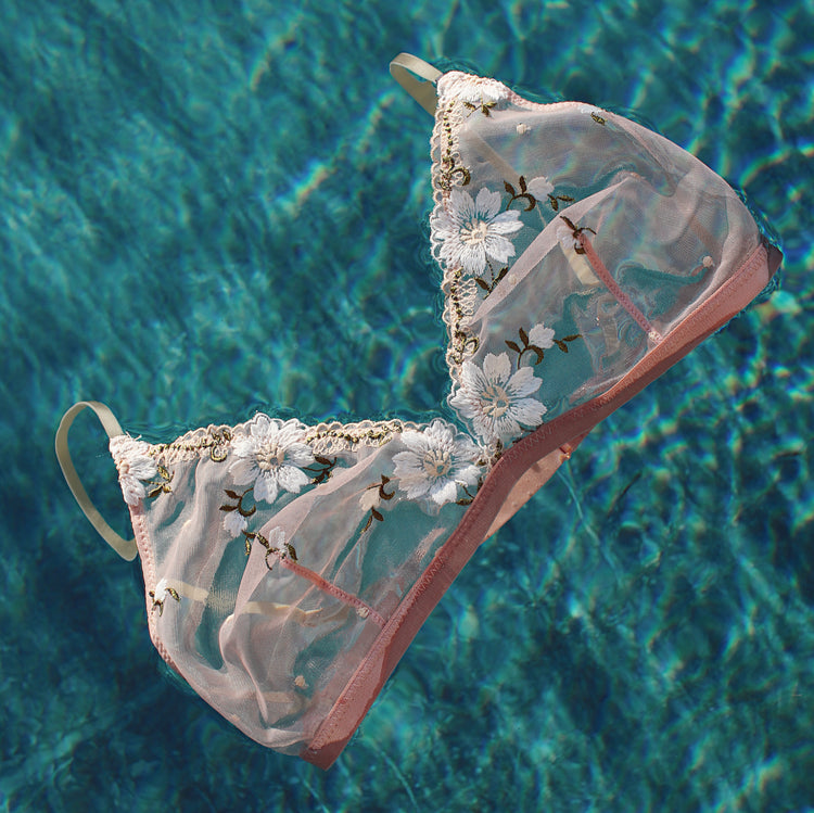 Pink Floral Embroidered Mesh Bralette