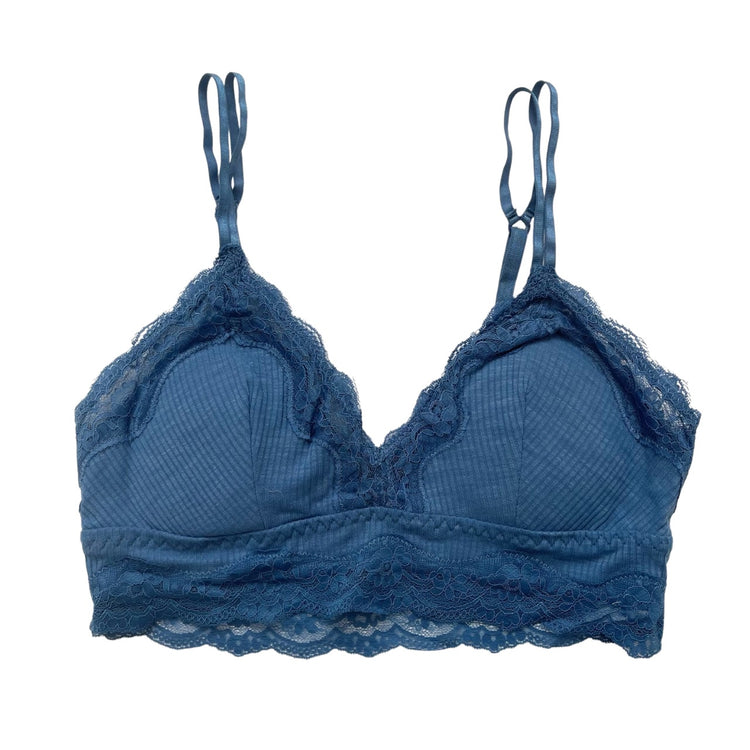 Denim Blue Floral Lace Ribbed Bralette