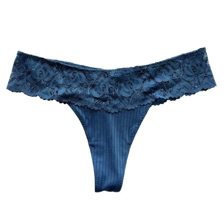 Denim Blue Floral Lace Ribbed Panty