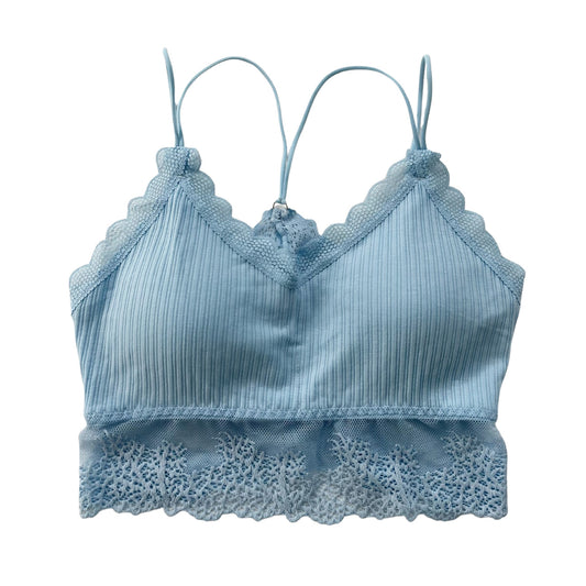 Light Blue Ribbed Lace Trim Racerback Bralette