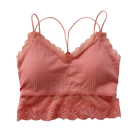 Coral Ribbed Lace Trim Racerback Bralette